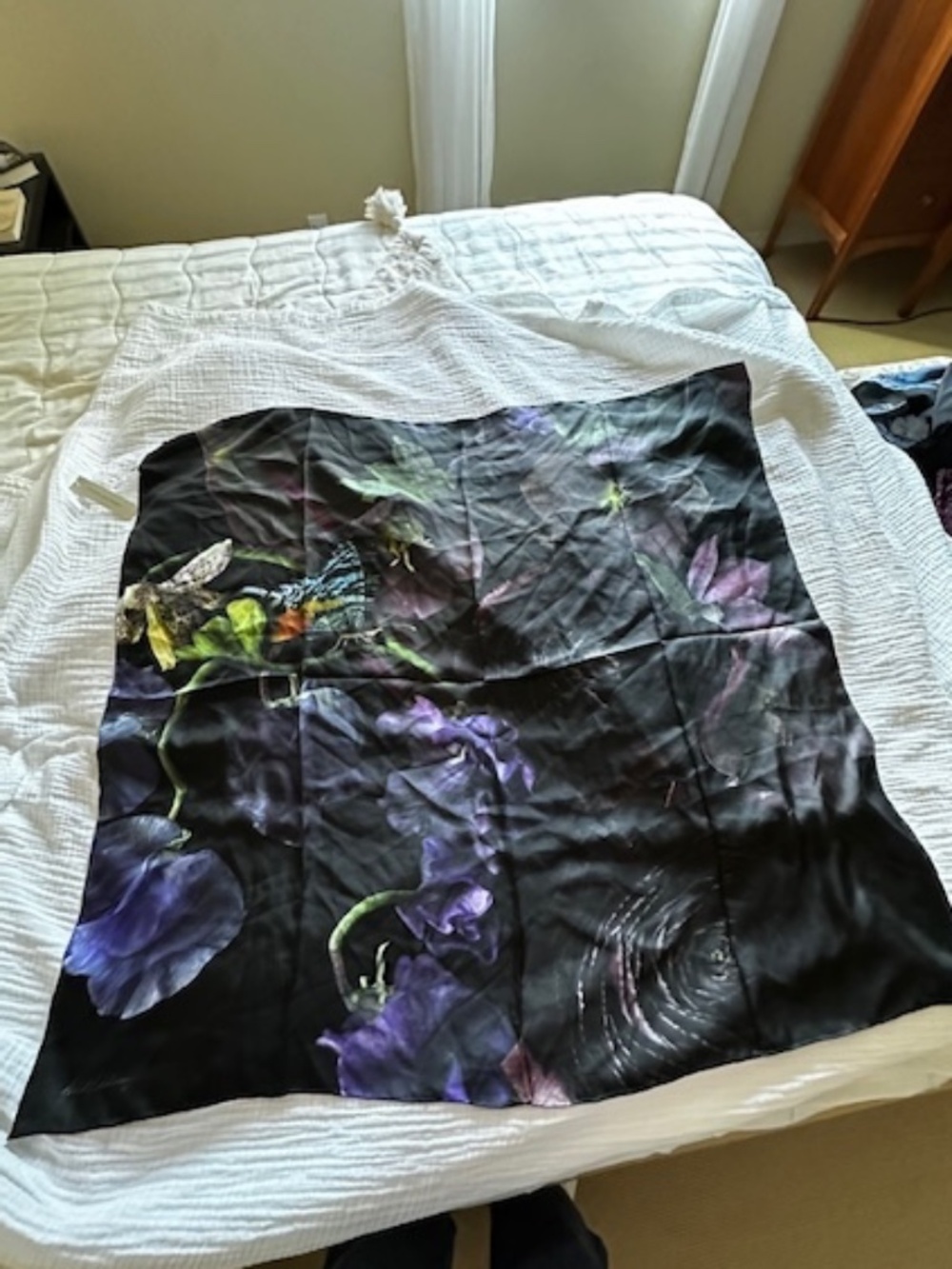 NWT Helen Van Berkel 100% Silk Scarf 42" square Gorgeous black w Butterflies etc